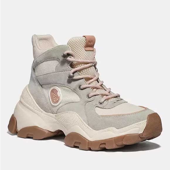 Coach Women's C265 Hiker 9B High-Top Sneakers in Cream Grey Tan Pink Suede - Picture 1 of 8